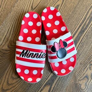 adidas Womens Disney Minnie Red and White Polka Dot Slide Sandals